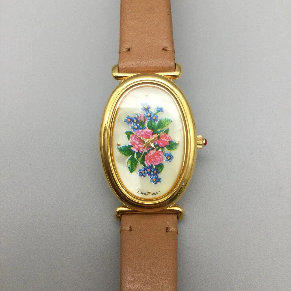 Avon Watch Women 24mm MOP Floral Dial Gold Tone Leather Band New Battery - Picture 8 of 15
